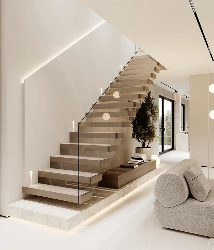 Schody drewniane w salonie - inspiracje